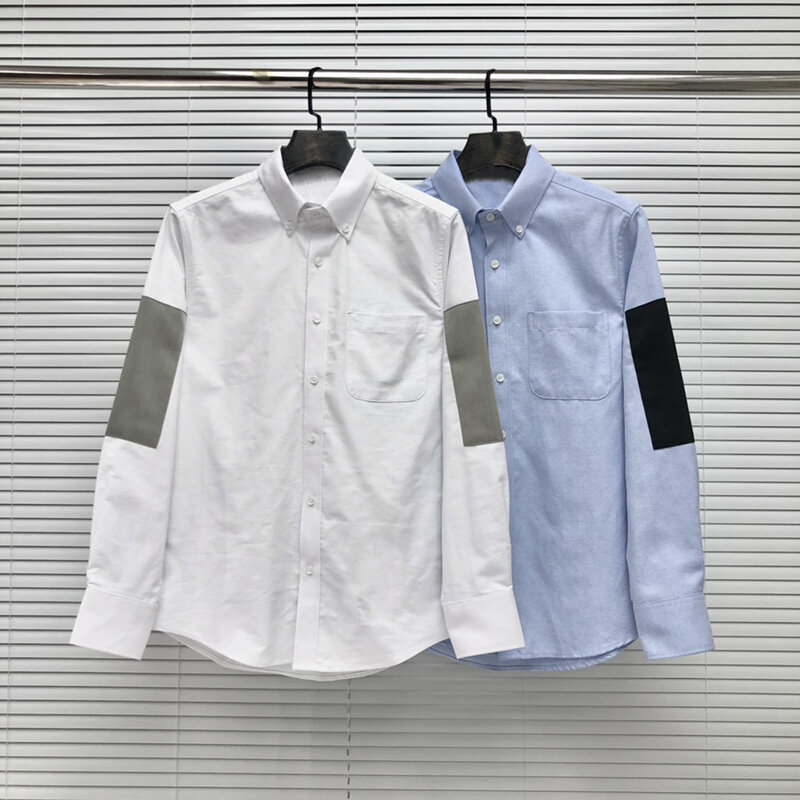 Рубашка TB THOM мужская с длинным рукавом, люксовая брендовая приталенная сорочка в полоску, повседневная одежда из ткани Оксфорд, однотонная сорочка с отложным воротником