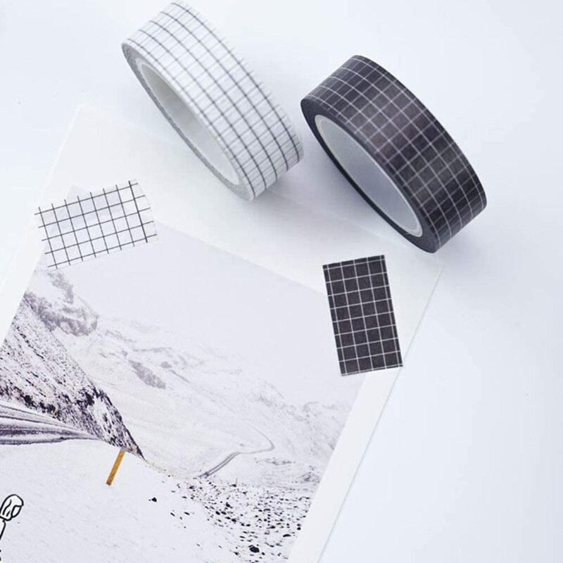 Fita de papel decorativa pegajosa para artes diy scrapbooking fita adesiva gravável de 10m x 15mm de washi da grade preta branca