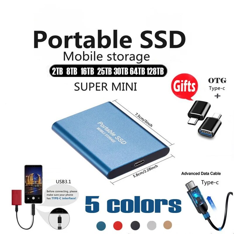 Portátil de alta velocidade móvel Solid State Drive, SSD discos rígidos móveis, armazenamento externo, Decives para Laptop, Mac, 1 TB, 2 TB, 8 TB, 16 TB, 64TB, Novo
