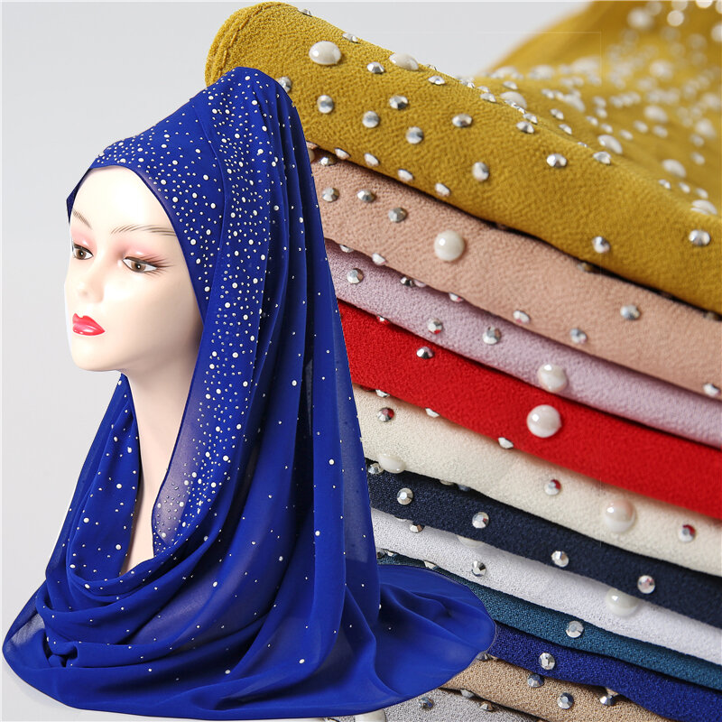 2022 Popural Muslim Bubble 시폰 진주 스카프 여성 Hijab 단색 일반 Headscarves Shawl Wrap 말레이시아 Foulard Bandana 22 색
