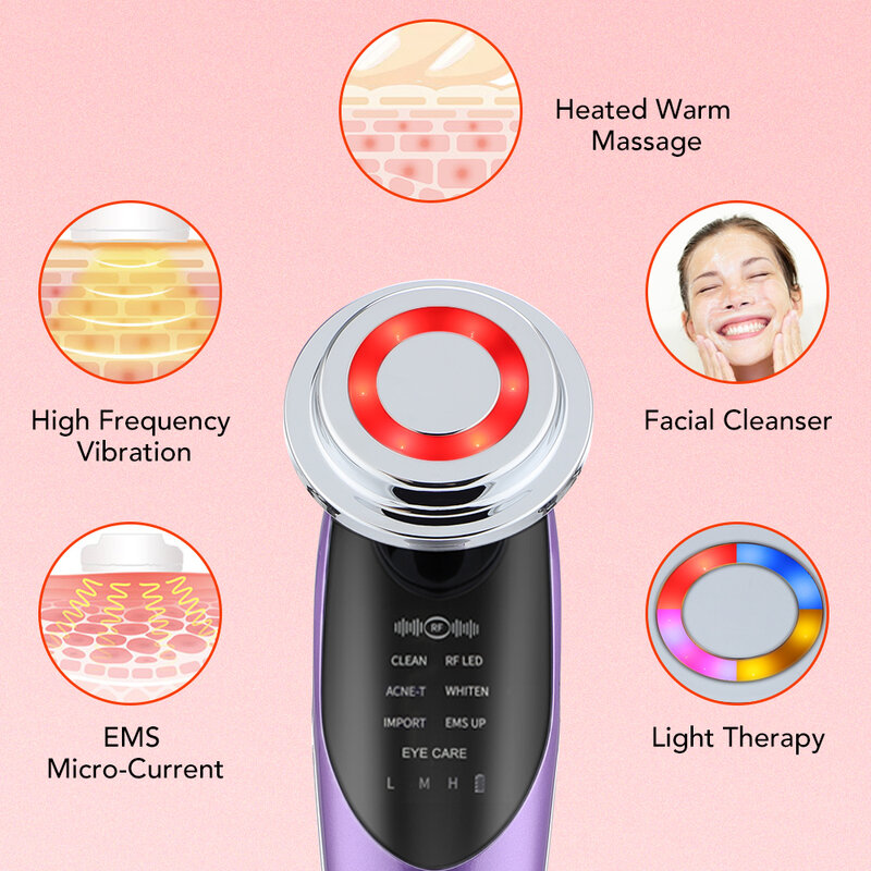 Microcorrent Face Lifting Machine, 7 em 1 massageador facial, RF pele aperto, terapia da luz, antienvelhecimento, dispositivo da beleza do enrugamento, EMS