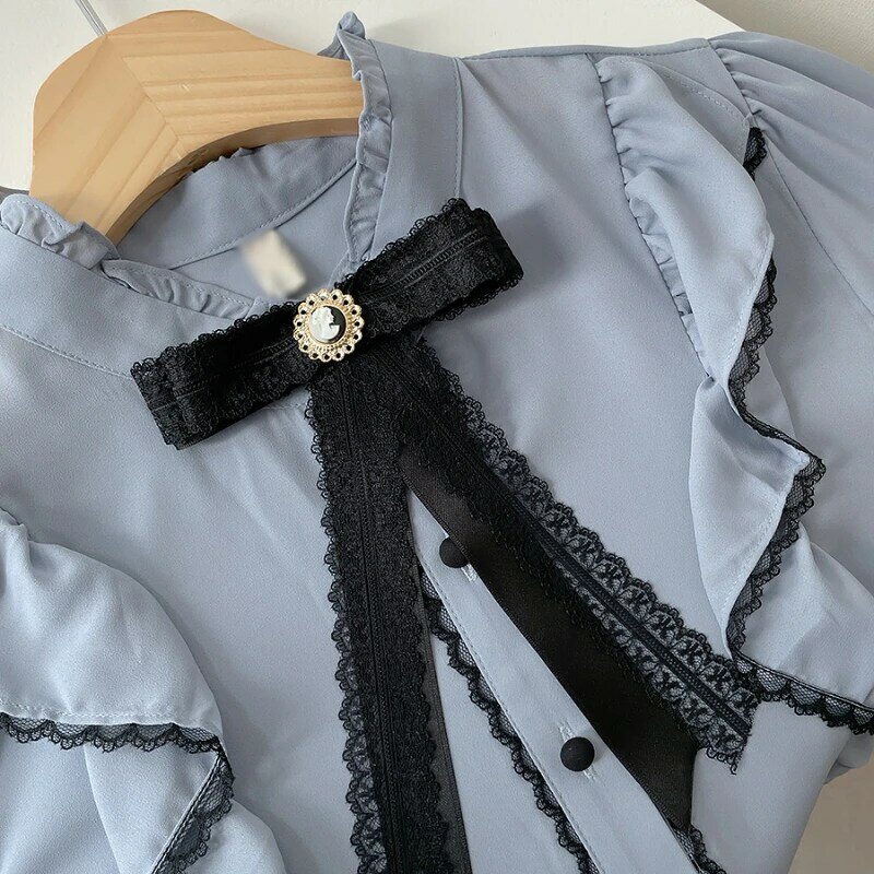 Tops Vintage con pajarita para mujer, camisas básicas elegantes formales con botones, camisa de manga larga de Color sólido con volantes de encaje, top 95D