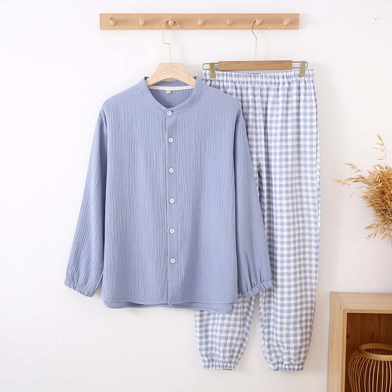 Conjunto de ropa de casa a cuadros para hombre, pijama fino de algodón con crepé de Color contrastante, manga larga, gasa de doble capa, primavera y verano