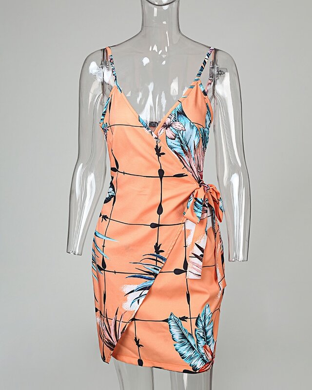 Женское мини-платье с запахом, Повседневное платье без рукавов с тропическим принтом и V-образным вырезом, лето 2022