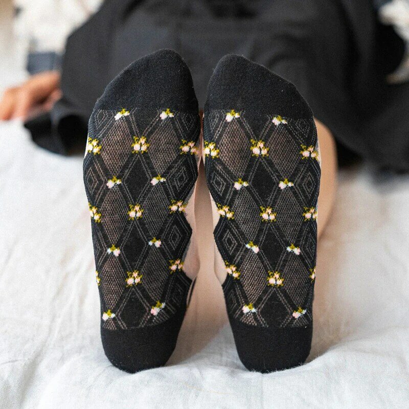 5 pares mulheres meias harajuku verão flor rendas meias curtas meias casuais transparente elástico invisível meias femininas tornozelo