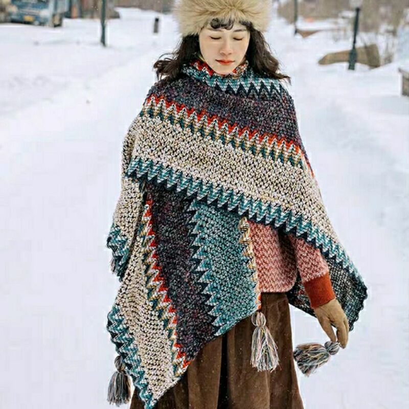 ใหม่ผ้าพันคอโบฮีเมียนสร้อยคอผู้หญิงฤดูหนาวผ้าห่มแฟชั่นถัก Cardigans ลาย Cape Shawl Tassels Poncho Coat