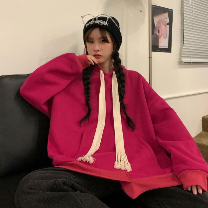 Frauen kordelzug Hoodie einfarbig einfache stil Pullover Pullover Koreanische mode lose beiläufige frauen Hoodie