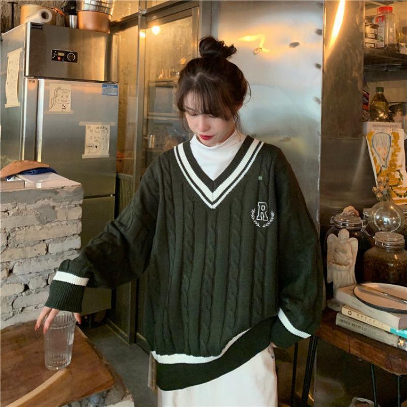 BTFG-suéter de manga larga con cuello en V para mujer, camisa holgada y versátil con bordado para estudiantes, estilo universitario japonés, a la moda
