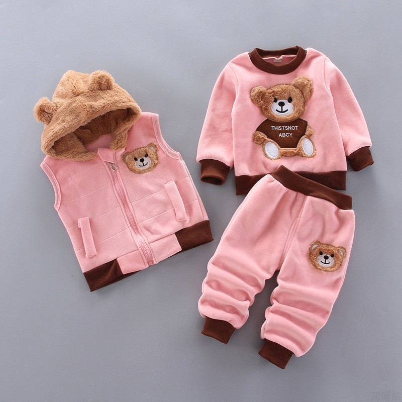 Pakaian Anak-anak untuk Bayi Laki-laki dan Perempuan Set Pakaian Luar Bertudung Atasan Celana 3 Potong Pakaian Bulu Anak Balita Setelan Hangat