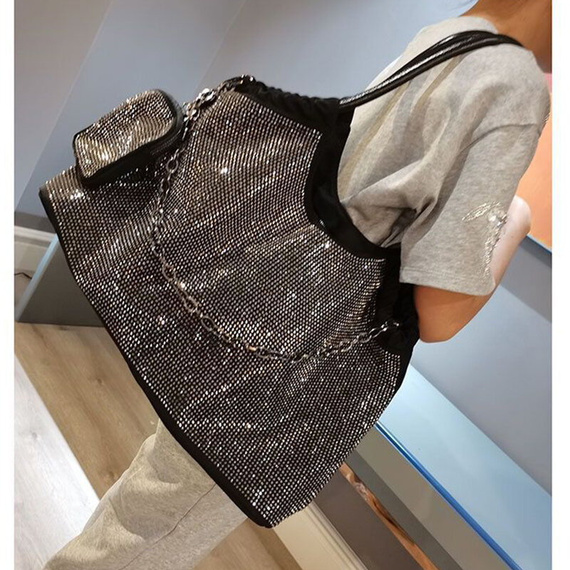 Роскошная женская сумка на плечо со стразами, большие сумки-шопперы для женщин, 2022 блестящие сумки и кошельки, вечерние няя сумка-хобо с цепо...