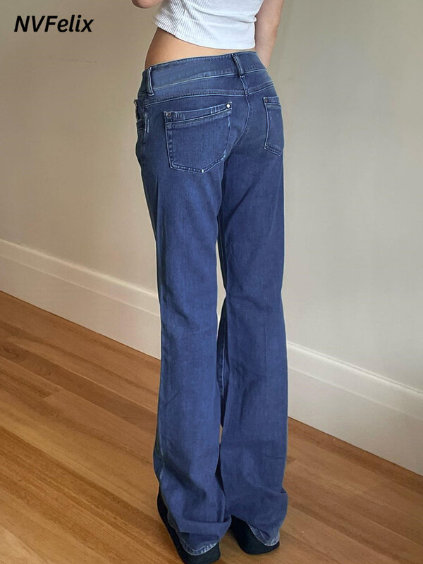 Celana panjang Jeans berkobar untuk wanita, celana panjang Denim pinggang rendah melar, celana panjang Jeans elastis potongan bot 90s Streetwear Y2k untuk ibu