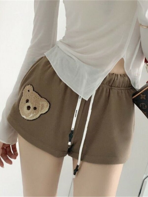 Verão novo solto y2k calças casuais bolso urso bordado cintura alta fina drawstring esportes curto imitação de algodão feminino shorts