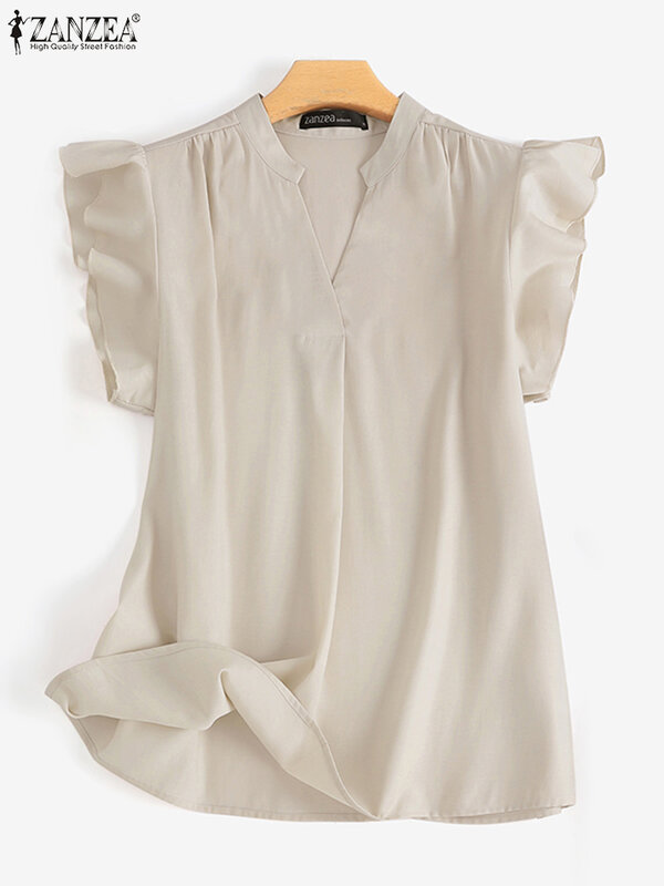 Женские однотонные топы без рукавов с V-образным вырезом ZANZEA, летняя богемная Блузка с оборками на подоле, элегантная Свободная рабочая рубашка, женские повседневные блузы для женщин