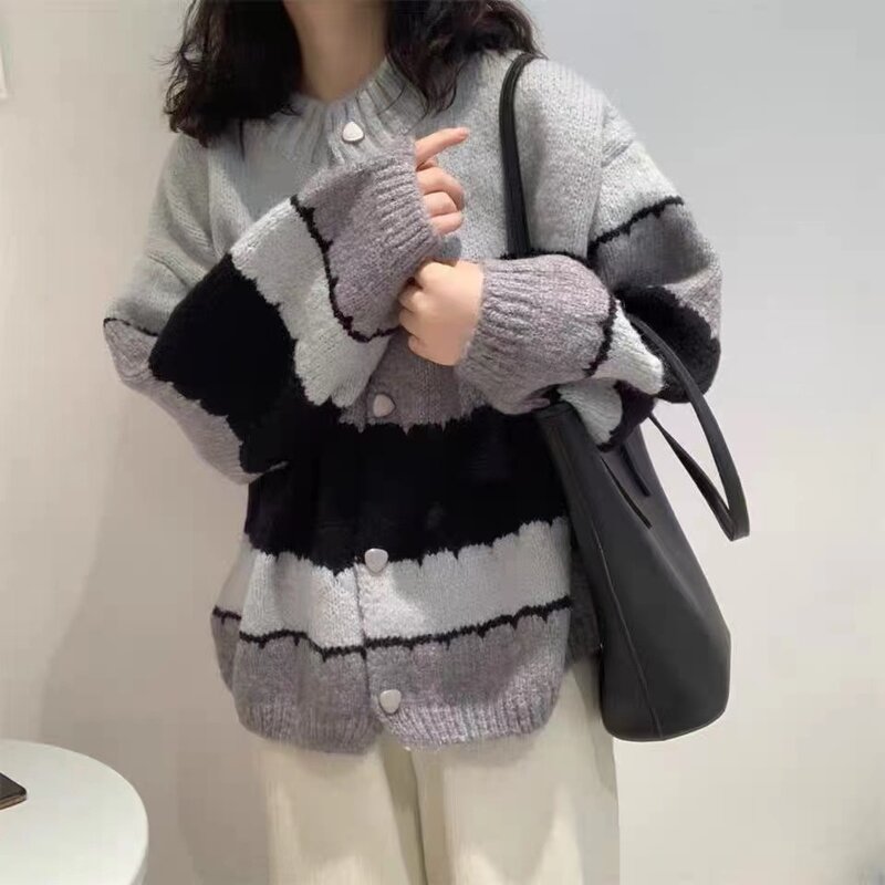 Moda feminina estilo coreano malha listra camisola jaqueta senhora outono e inverno casual polo cardigan solto camisola y2k 2022