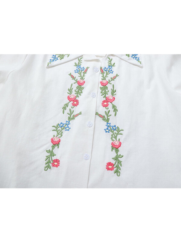 Vintage biała haftowana bluzka damska moda letnia koszulka Polo z krótkim rękawem topy koszulka żeńska luźna słodki kwiatowy bluzka damska