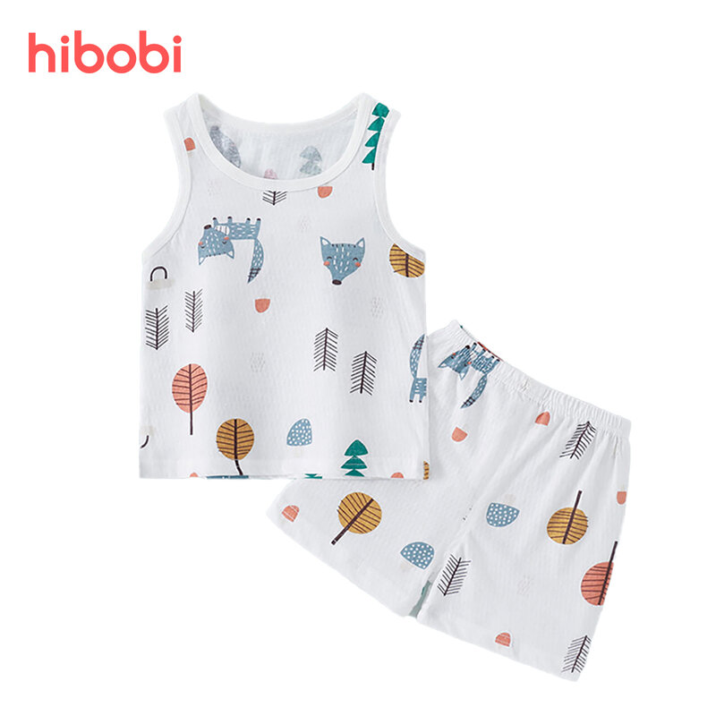 Hibobi-Conjunto de ropa para bebés y niños, ropa de verano para niños pequeños, camiseta sin mangas informal con dibujos de animales y pantalones cortos, Conjunto de pijama de manga corta