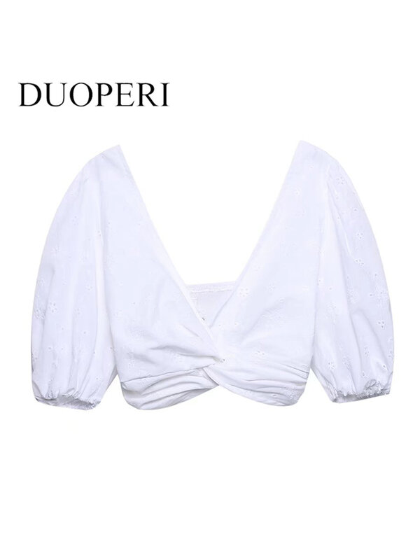 DUOPERI Women Fashion Solid Embroidery Hollow Out Cropped Blouse Vintage V-Neck Half Puff Sleeve Female Chic Lady Shirt