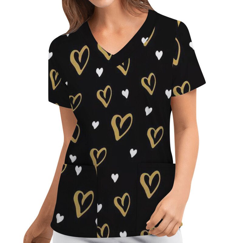 女性のためのバレンタインデーのユニフォーム,ハートプリントの半袖Vネックシャツ,ポケット付きの作業服,2022