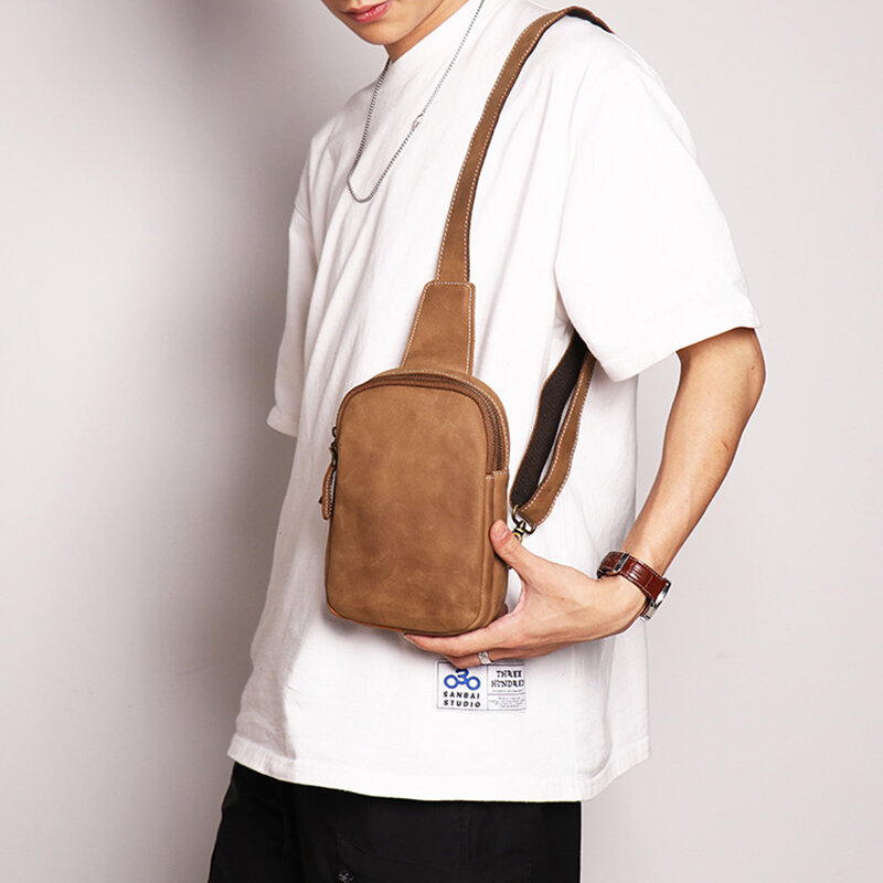 Leathfocus masculino pacote de peito bolsa de ombro couro genuíno casual diário mini saco de telefone design de luxo retro saco de peito