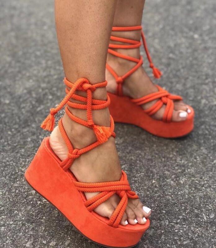 2022 INS Dropship Bohemia Style Vacation High Heels Summer T-Strap Party Sandals Platform Shoes Women Large Size 43