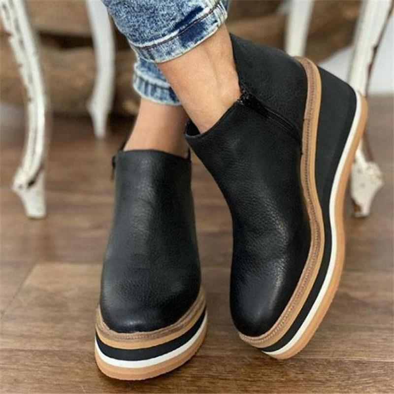 2022 moda feminina botas curtas dedo do pé redondo alto plataforma cunhas retro botas de couro macio zíper botas confortáveis para mulher