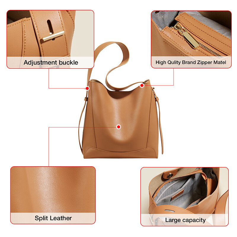 FOXER Lady Shoulder Messenger Bags Office Commuter Purse Split Leather Women Bucket Bag Retro Large Capacity Handbag Wide Strap