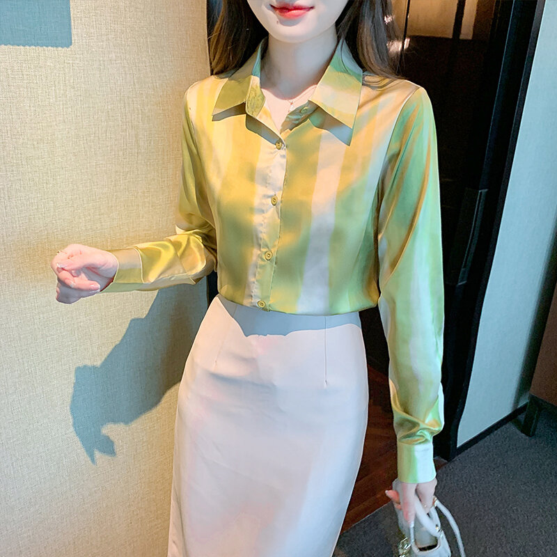 Рубашка Женская атласная с длинным рукавом, шелковая блузка с принтом в полоску, на пуговицах, модель 557B