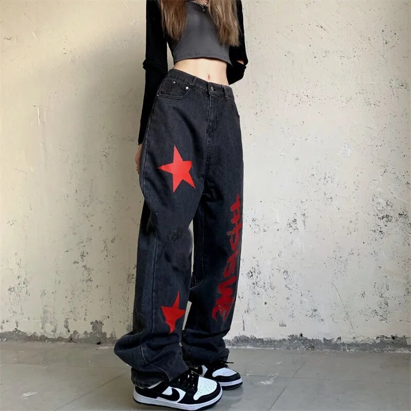 Star jeans women's high-waisted printing slimming trend all-match loose straight wide-leg casual denim trousers men and women
