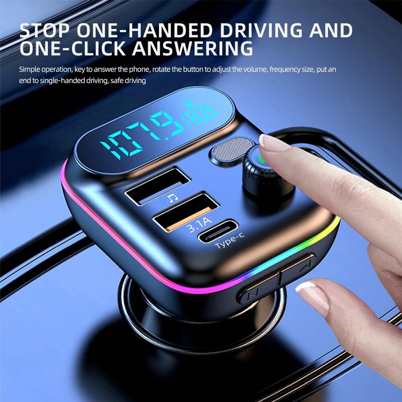 Car Bluetooth 5.0 FM Transmitter Fast USB Type C Car Charger Colorful Handsfree Car Kit Mp3 Player Support TF Card B