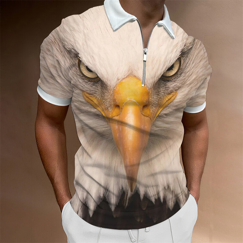 Рубашка-поло мужская с 3D-принтом орла, на молнии, с коротким рукавом