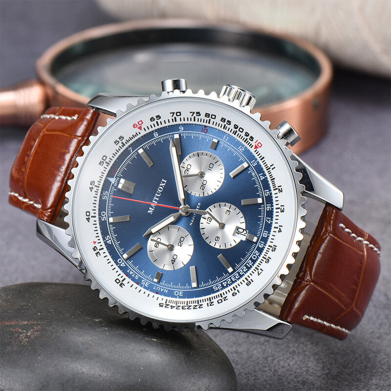 Men Luxury Brand Quartz Watch Full Function Chronograph Calendar Leather Strap Wristwatch Clock Relogio Masculino