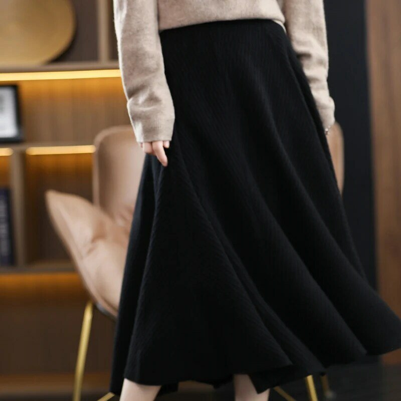 100% czysty wełniana spódnica damski jesienno-zimowy nowy średniej długości wysokiej talii spódnica w kształcie litery A koreańska wełna dzianiny spódnica parasolowa