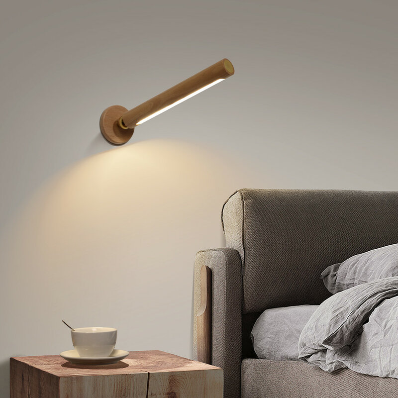 Деревянная настенная лампа с регулировкой на 360 °, USB-зарядка, сенсорное управление, плавное затемнение, бра, ночсветильник для коридора