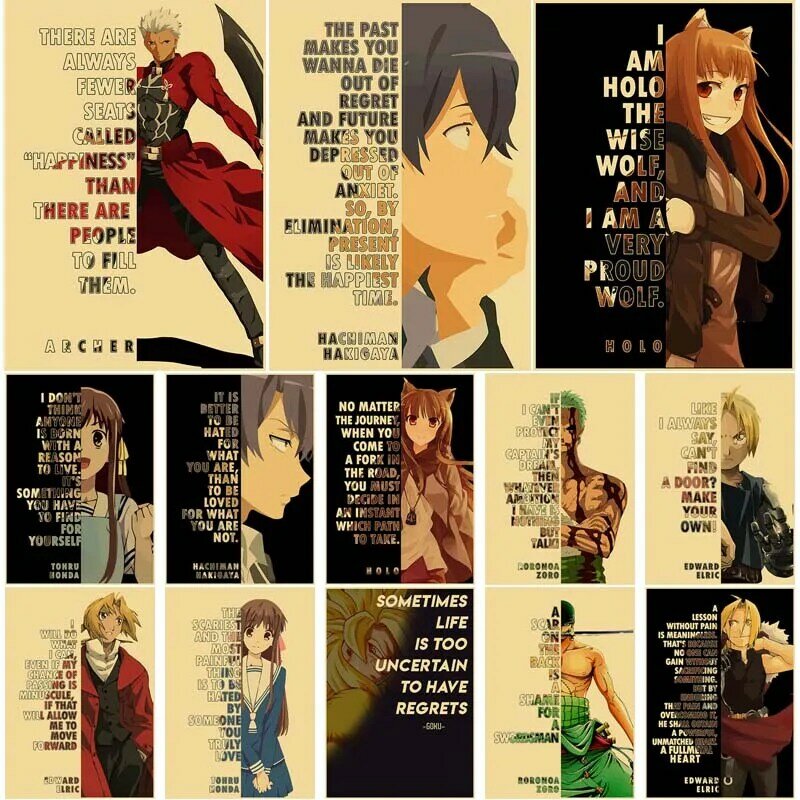 Room Decoration Classic Anime Character Quotes Posters Retro Kraft Paper Text Art Painting Pictures for Home Decor Wall Stickers