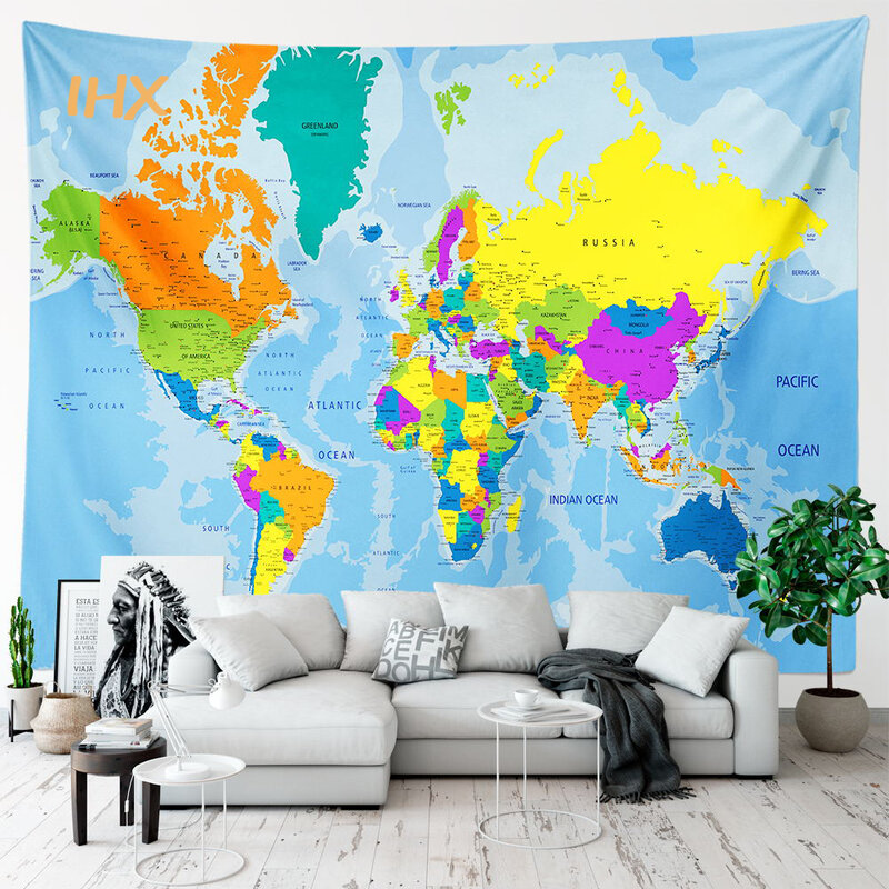 Tapiz de mapa del mundo para decoración del hogar, tapiz de tela de mapa de alta definición para colgar en la pared, decoración de pared para dormitorio, mapa de acuarela