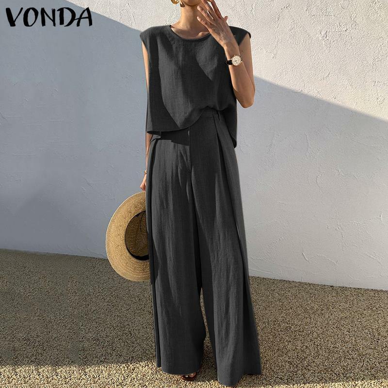 VONDA Fashion Women Palazzo Pant Sets De Mujer Crew Neck Tank Tops And Wide Leg Long Trousers Summer Sleeveless Suits Solid 2PCS