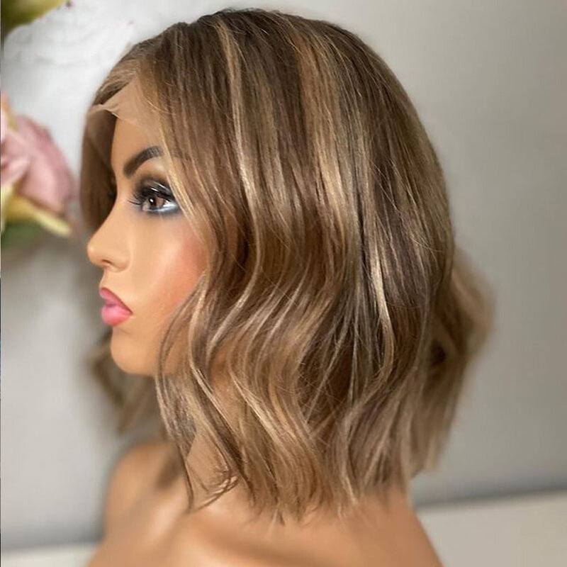 14 inch Short Bob Highlight Ombre Blonde Wave European Human Hair Jewish13x4 Lace Front Wigs For Women Soft Glueless Baby Hair