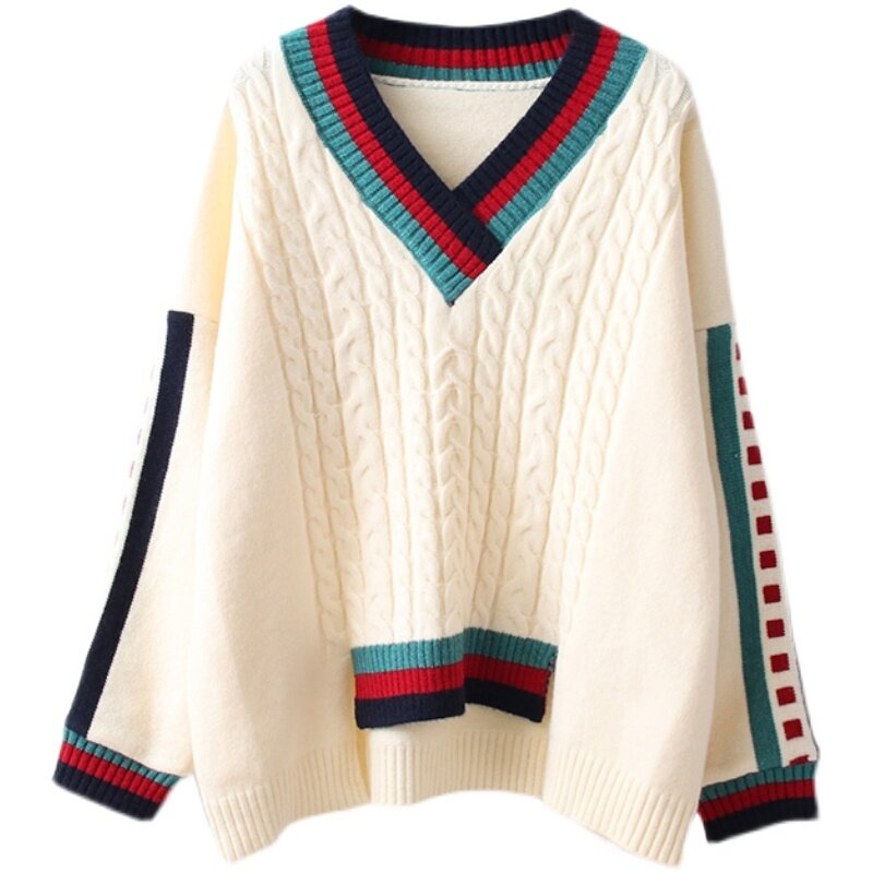 Vintage Women's Pullover Sweater Spring Autumn 2023 New Contrast Color V-neck Loose Long-sleeved Irregular Knitted Sweater Top