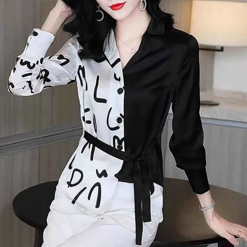 Blusa informal ajustada de manga larga con botones para mujer, camisa de retales con estampado de letras y solapa para primavera y otoño