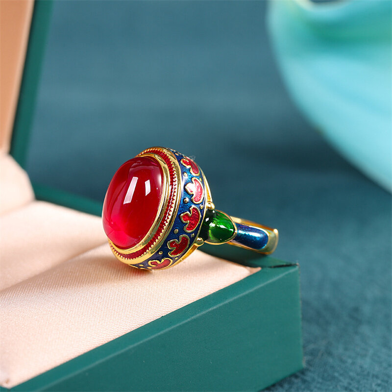 2022 Emaille Real Korund Rings S925 Zilver Cloisonne Etnische Indiase Vintage Open Rode Engagement Oma Gift Ring Fijne Sieraden