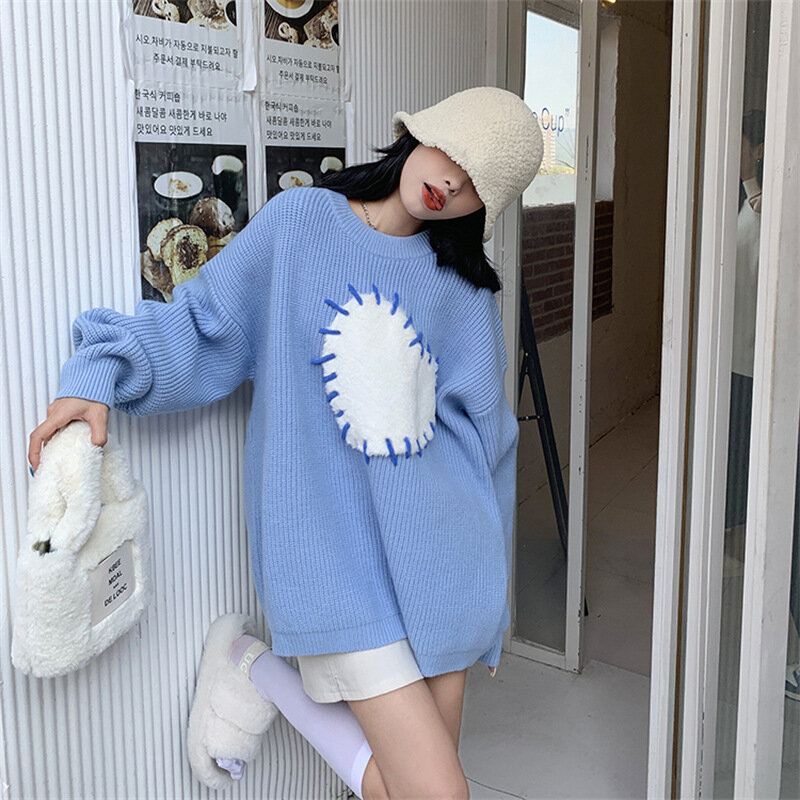 Chic abbigliamento da donna in stile coreano maglione d'amore blu Pullover esterno lavorato a maglia Pullover autunno inverno moda Casual maglione Oversize