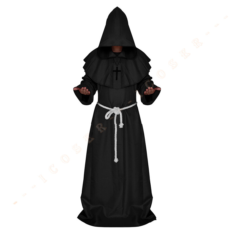 Costume de Cosplay d'halloween médiéval, uniforme de christ, Robe de moine à capuche, Robe de magicien et de copain, cape fantôme et diable, tenue de fête