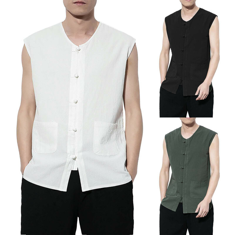 Camisa masculina sem mangas com gola em O, top de botão, placa monocromática, manga de malha, moda casual, primavera e verão