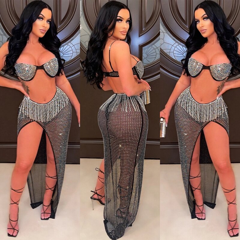 Sparkly Rhinestone Sexy Two Piece Set Women Party Clubwear Skirt and Cropped Set Festival Clothing Skirt Matching Sets Outfits
