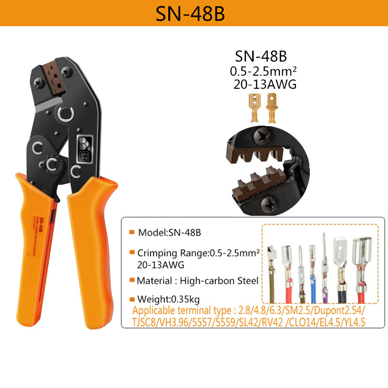 SN-48B ferramenta de friso 2.8/4.8/6.3mm isolado cabo conector plug e soquete pá conector isolante manga kit