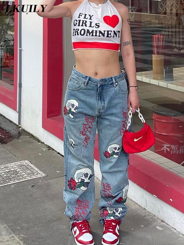 Jeans casuais moda feminina famale roupas bordados jeans baggy y2k streetwear cintura alta estética solto calças retas