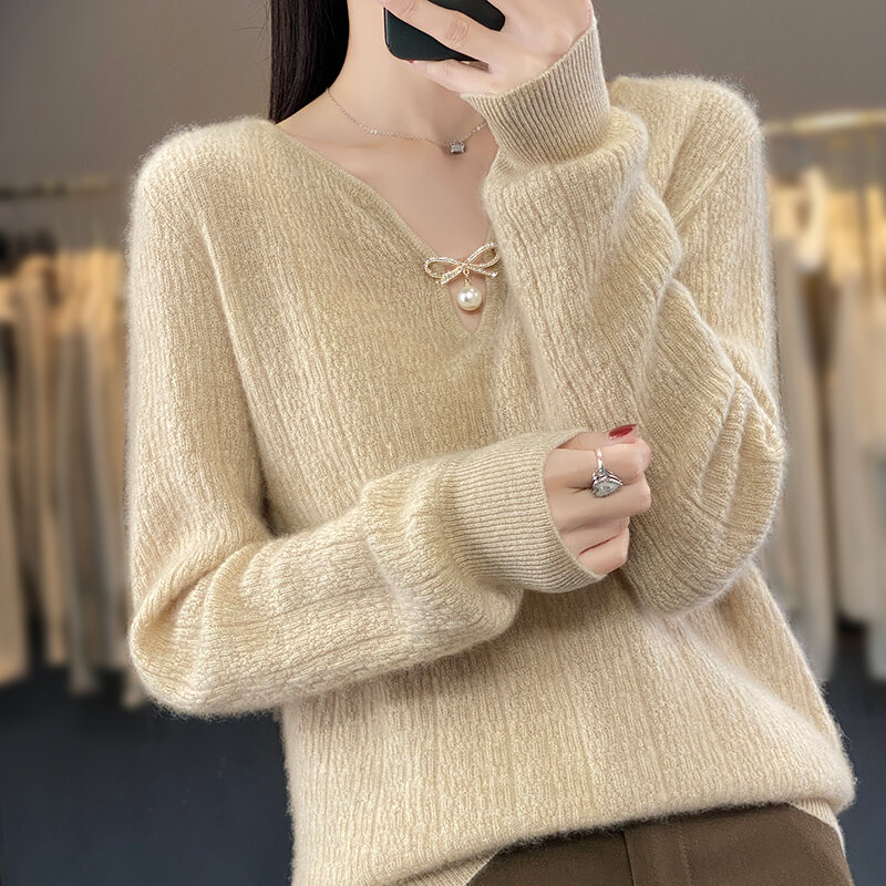 Camisa de punto de lana pura con cuello en V para mujer, camisa de fondo de Cachemira hueca de ganchillo, Color liso, primavera y otoño, 2023