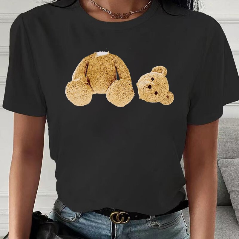 Moda urso imprimir camiseta feminina harajuku em torno do pescoço casual solto manga curta verão magro macio topos roupas hip hop streetwear