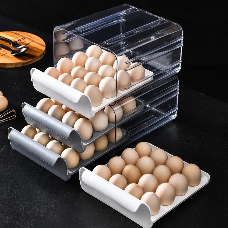 Caja de almacenamiento de huevos de doble capa, cajón para guardar huevos frescos, refrigerador de cocina, bandeja anticaída