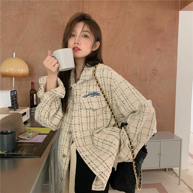 Женская Осенняя клетчатая куртка с вышивкой в виде букв, корейская мода, Свободная Женская однобортная рубашка с лацканами, женская одежда